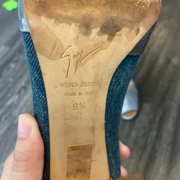 Giuseppe Zandotti Women's Size 9.5 Blue Denim & Silver Koka Peep Toe High Heels - Picture 10 of 14